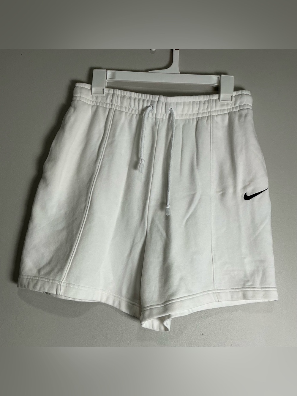 Nike White Athletic Drawstring Shorts with Black Swoosh